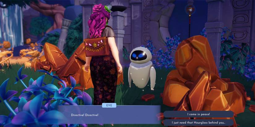 Speaking with EVE during the quest A Flying Metal Nuisance in Disney Dreamlight Valley.