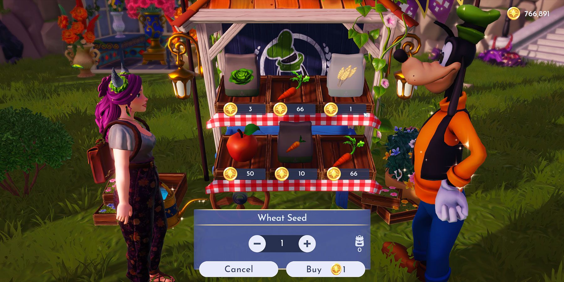 Buying Wheat Seeds from Goofy's Stall in Disney Dreamlight Valley.