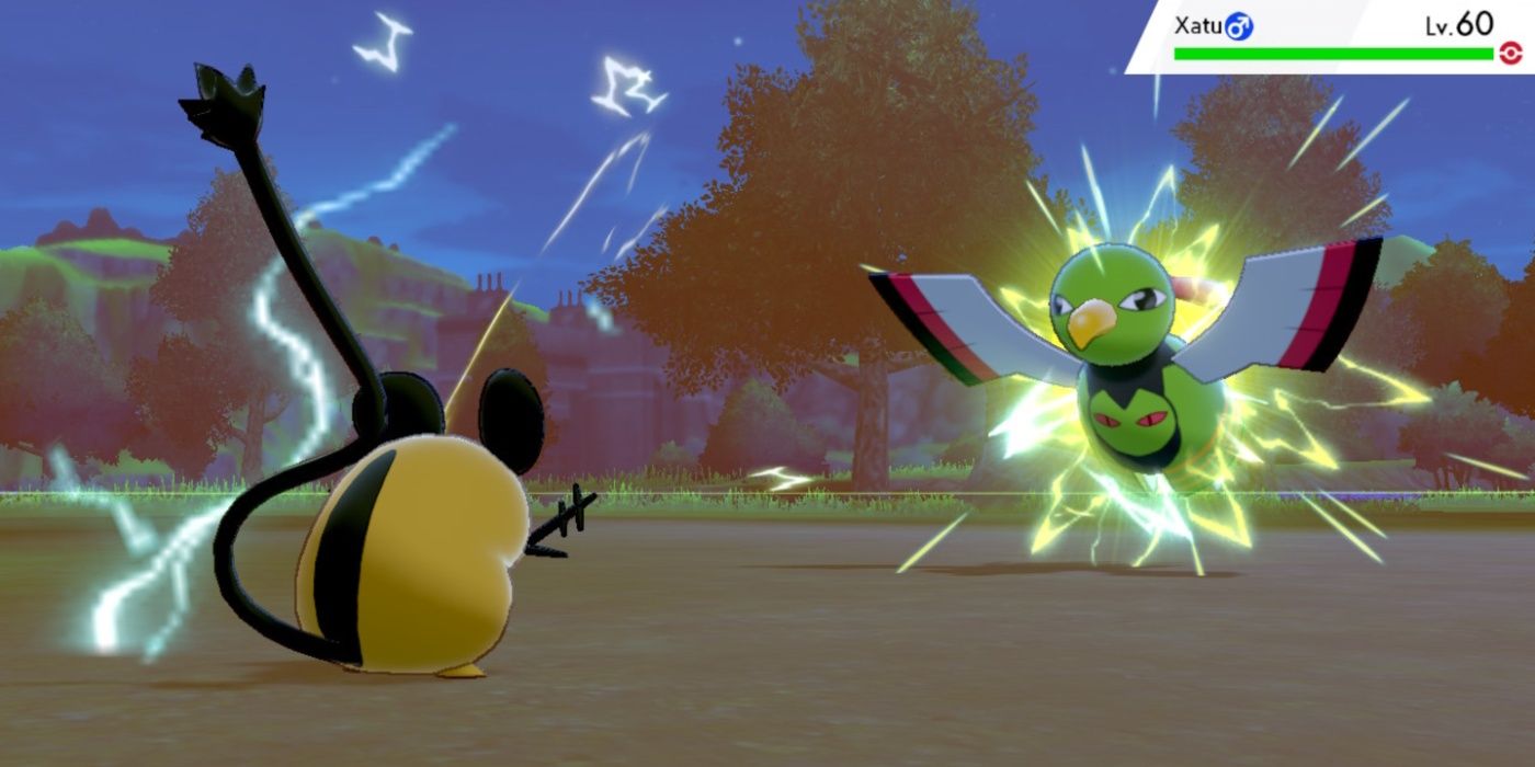 Pokemon Dedenne using Parabolic Charge against Xatu at night with trees and cliffs in background