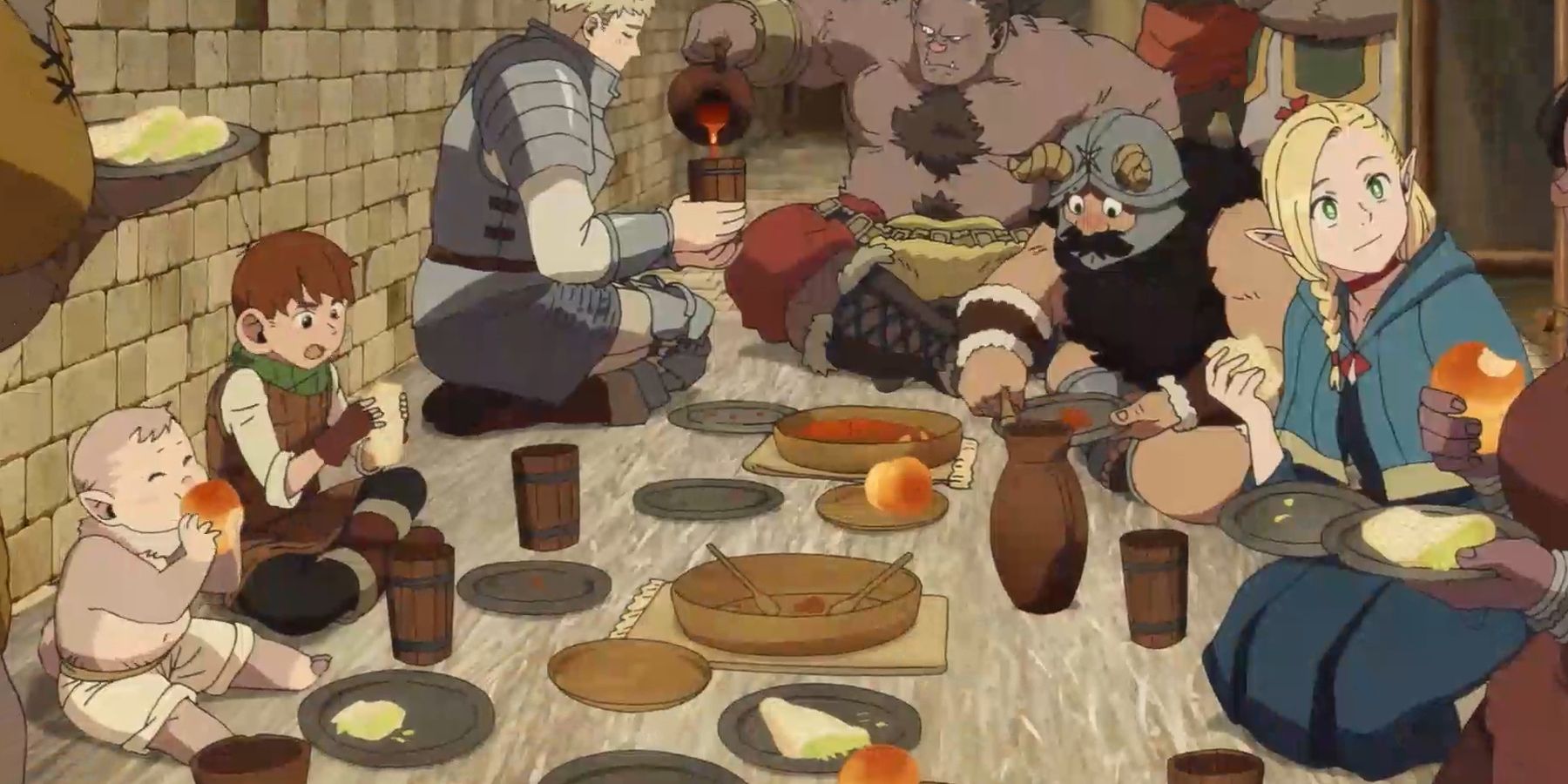 A group of Delicious In Dungeon​​​​​​​ characters sharing a meal