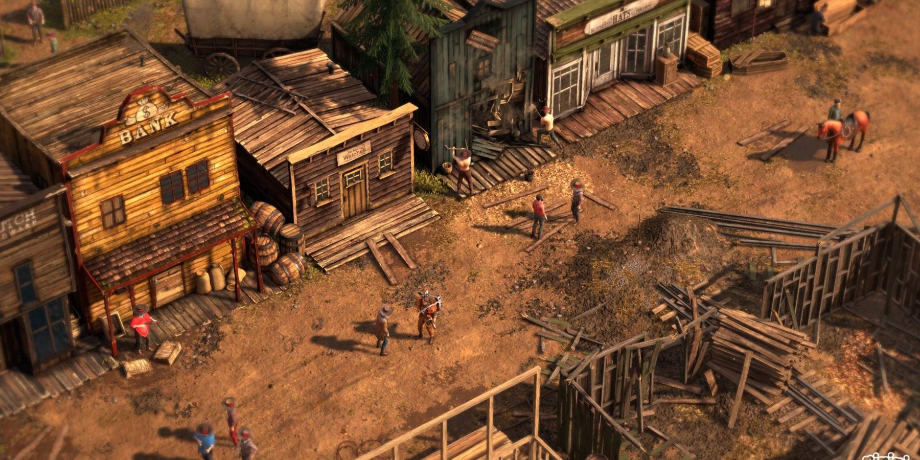 Uma cidade do Velho Oeste vista de cima com personagens andando em Desperados 3