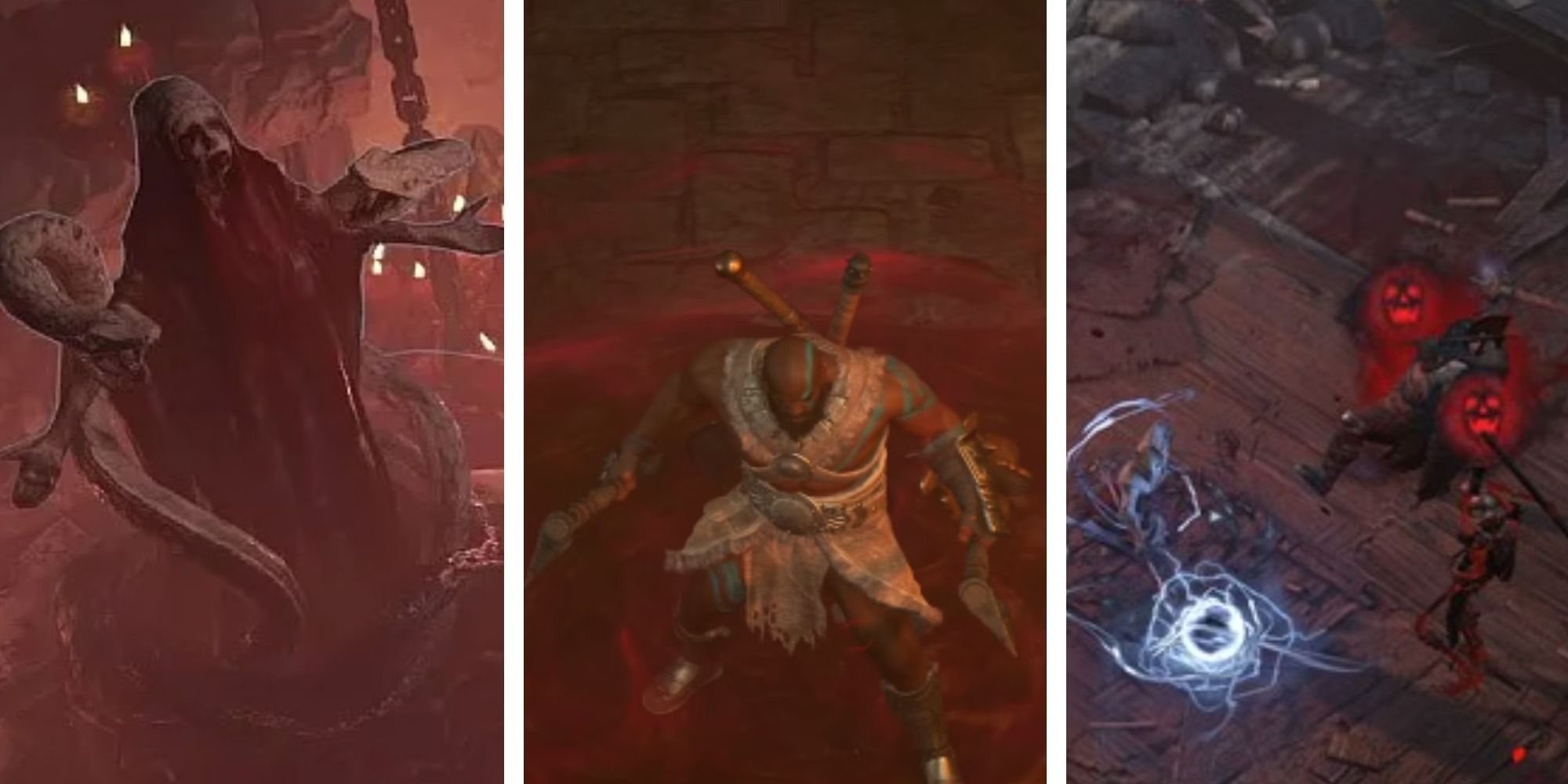 Diablo 4 split image an Altar of Blood and two Vampiric Powers in use