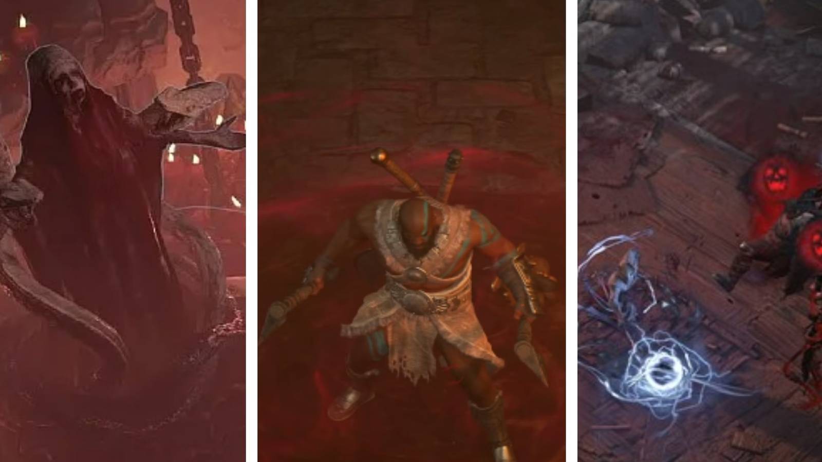 Diablo 4 split image an Altar of Blood and two Vampiric Powers in use