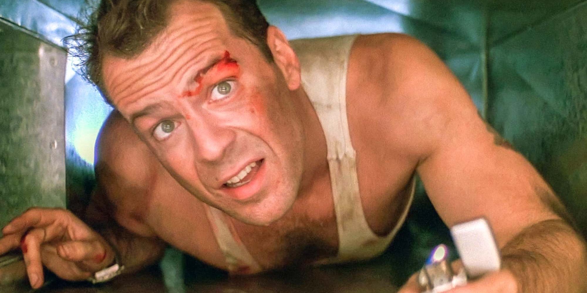 An image of John McClane crawling through the passage vent