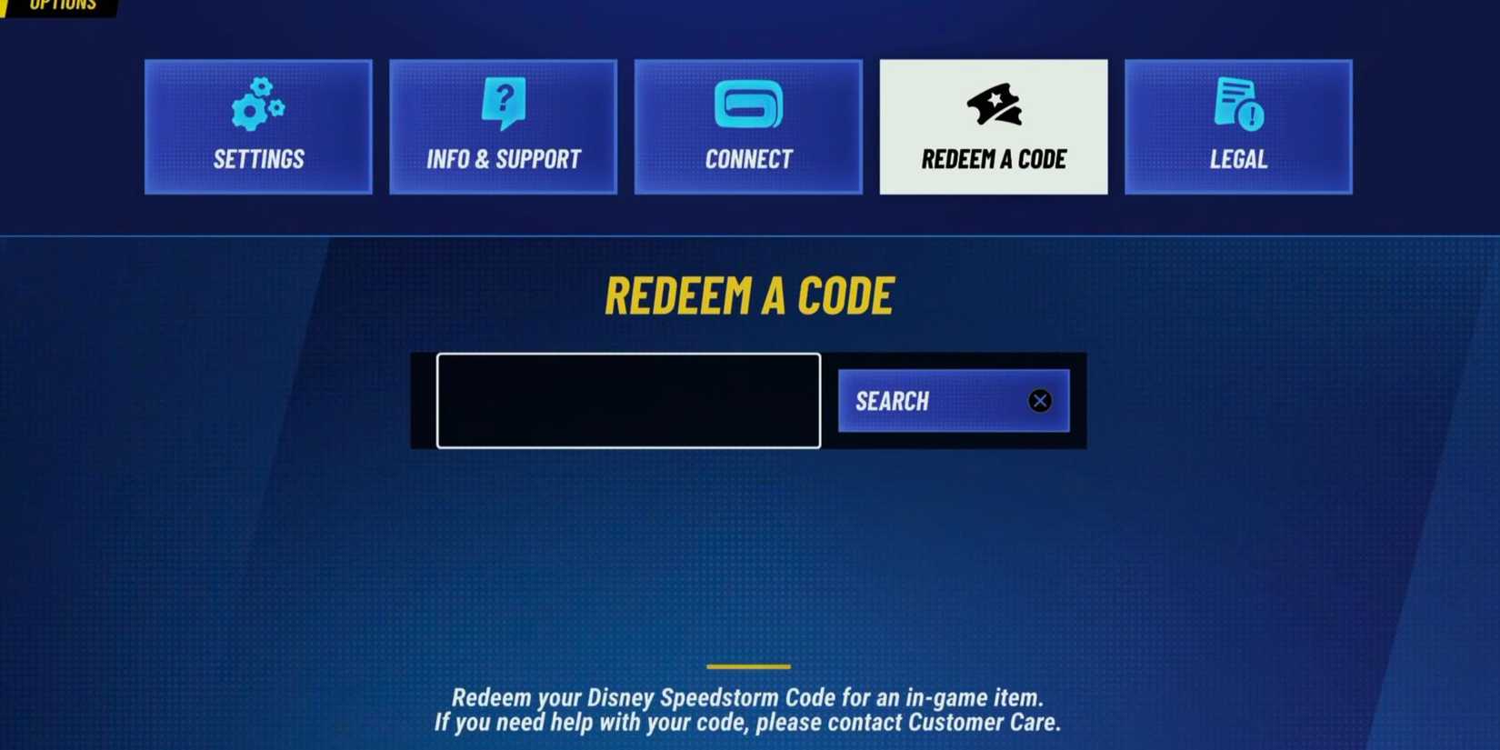 Disney Speedstorm: the Redeem Code tab