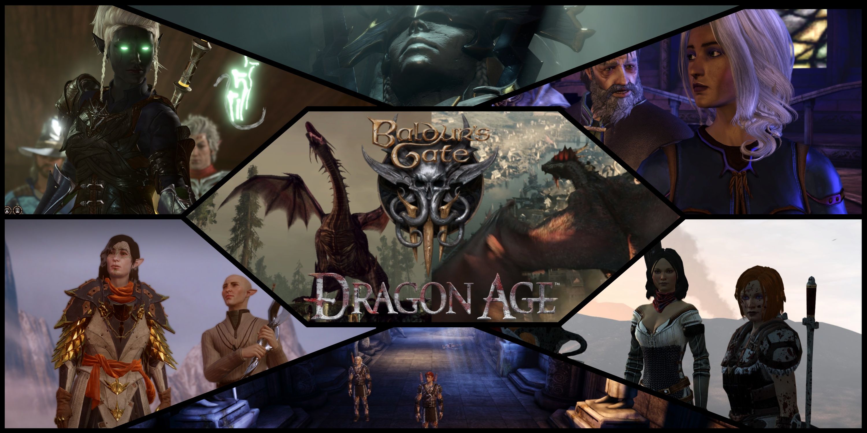 Dragon Age and Baldur's Gate characters, a drow Tav with Astarion and Gale, a statue of Shar, Amell Warden, Hawke and Bethany, Mahariel and Tamlen, and Lavellan and Solas ver2