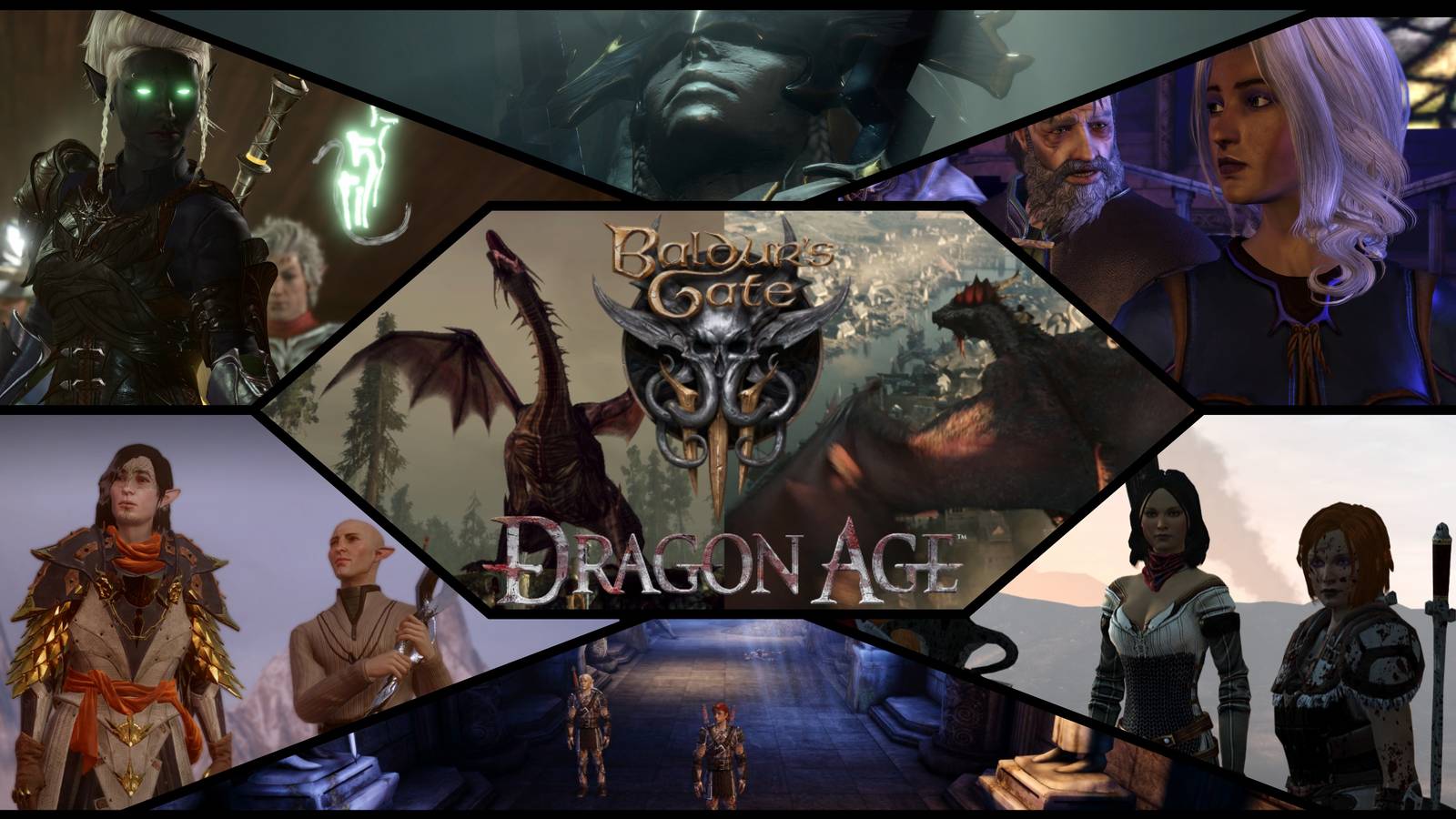 Dragon Age and Baldur's Gate characters, a drow Tav with Astarion and Gale, a statue of Shar, Amell Warden, Hawke and Bethany, Mahariel and Tamlen, and Lavellan and Solas ver2
