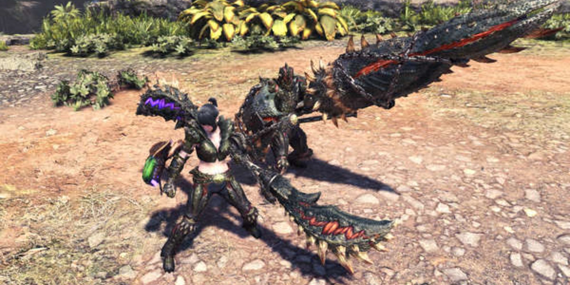 Hunters wielding Deviljho armors and weapons in Monster Hunter World