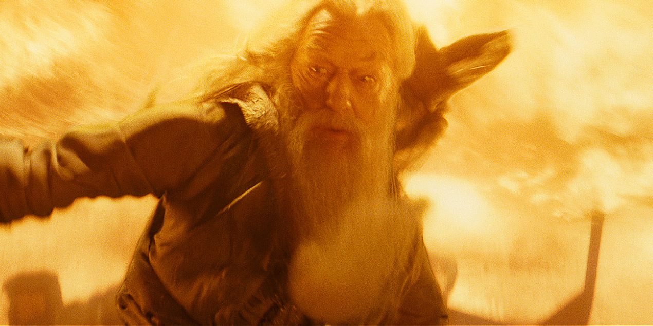 Dumbledore destroying the Inferi with fire in Harry Potter