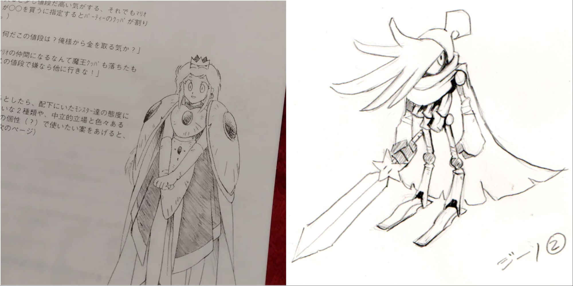 Early sketches of Peach and Geno in Super Mario RPG