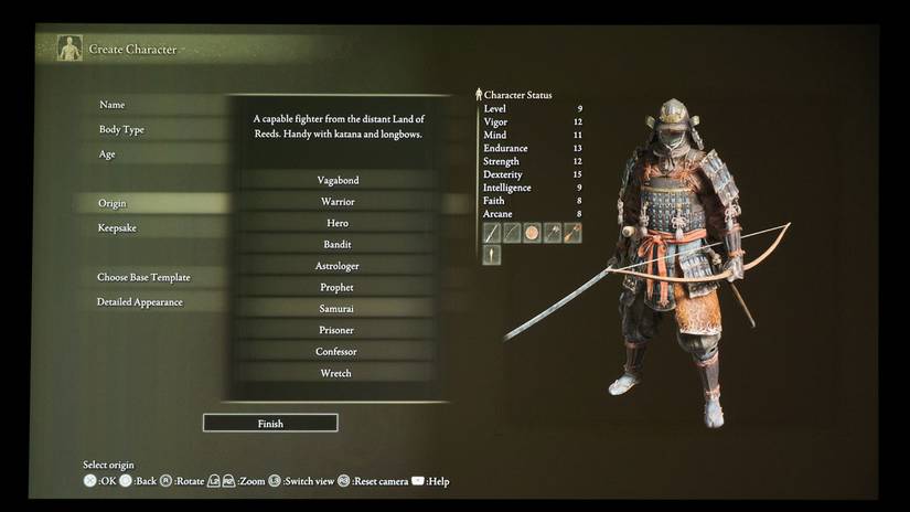 A samurai character in the Elden Ring character creator