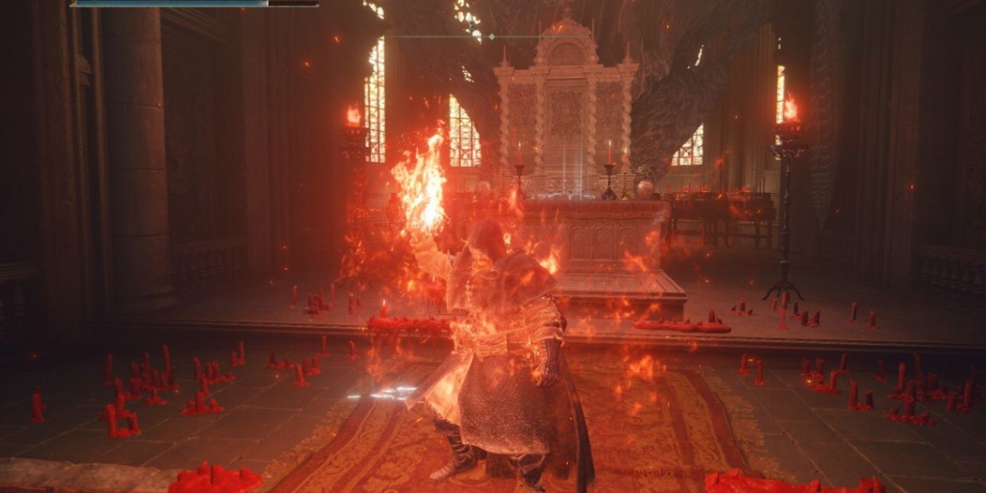 Elden Ring player on fire using a fire spell in a church