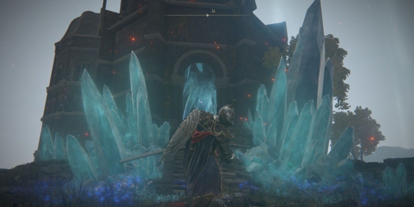 Elden Ring knight sheathing katana outside a crystal tower