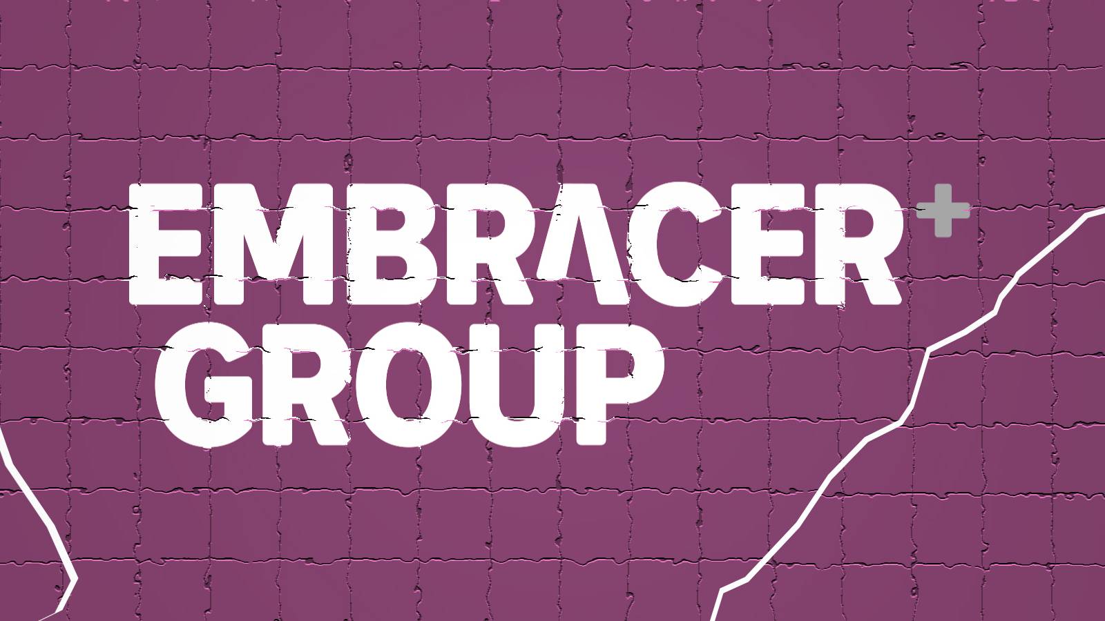 Embracer Group logo on cracked dark-purple tiles