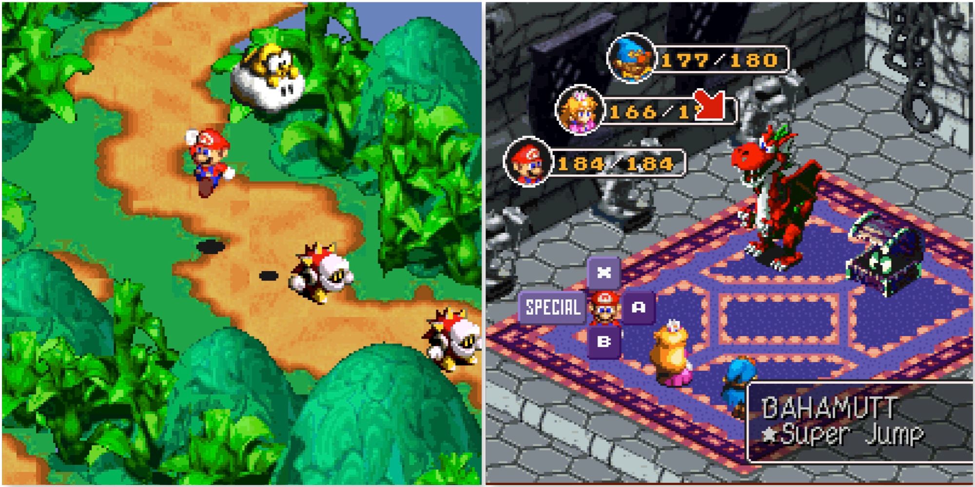 Exploring the world and fighting a battle in Super Mario RPG Legend of the Seven Stars