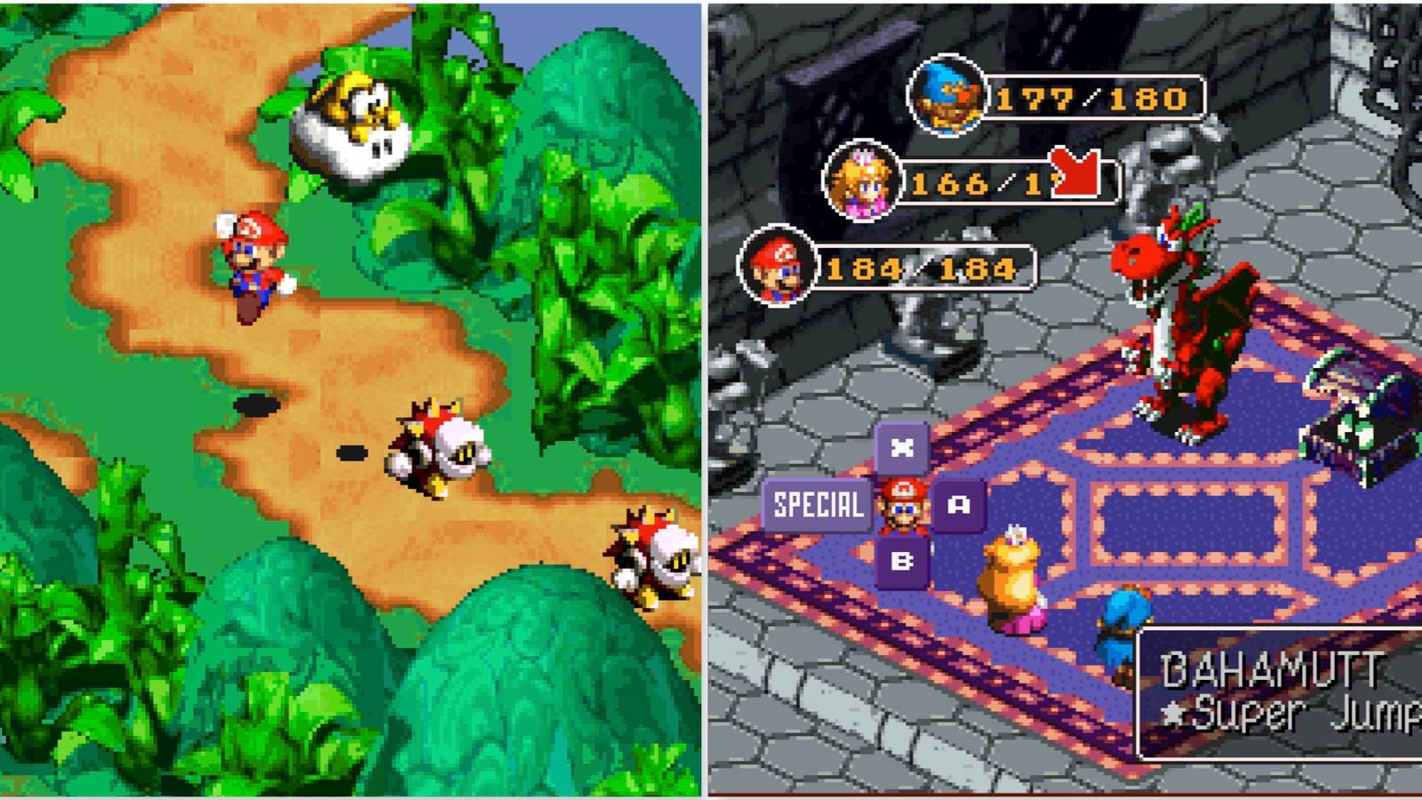 Exploring the world and fighting a battle in Super Mario RPG Legend of the Seven Stars