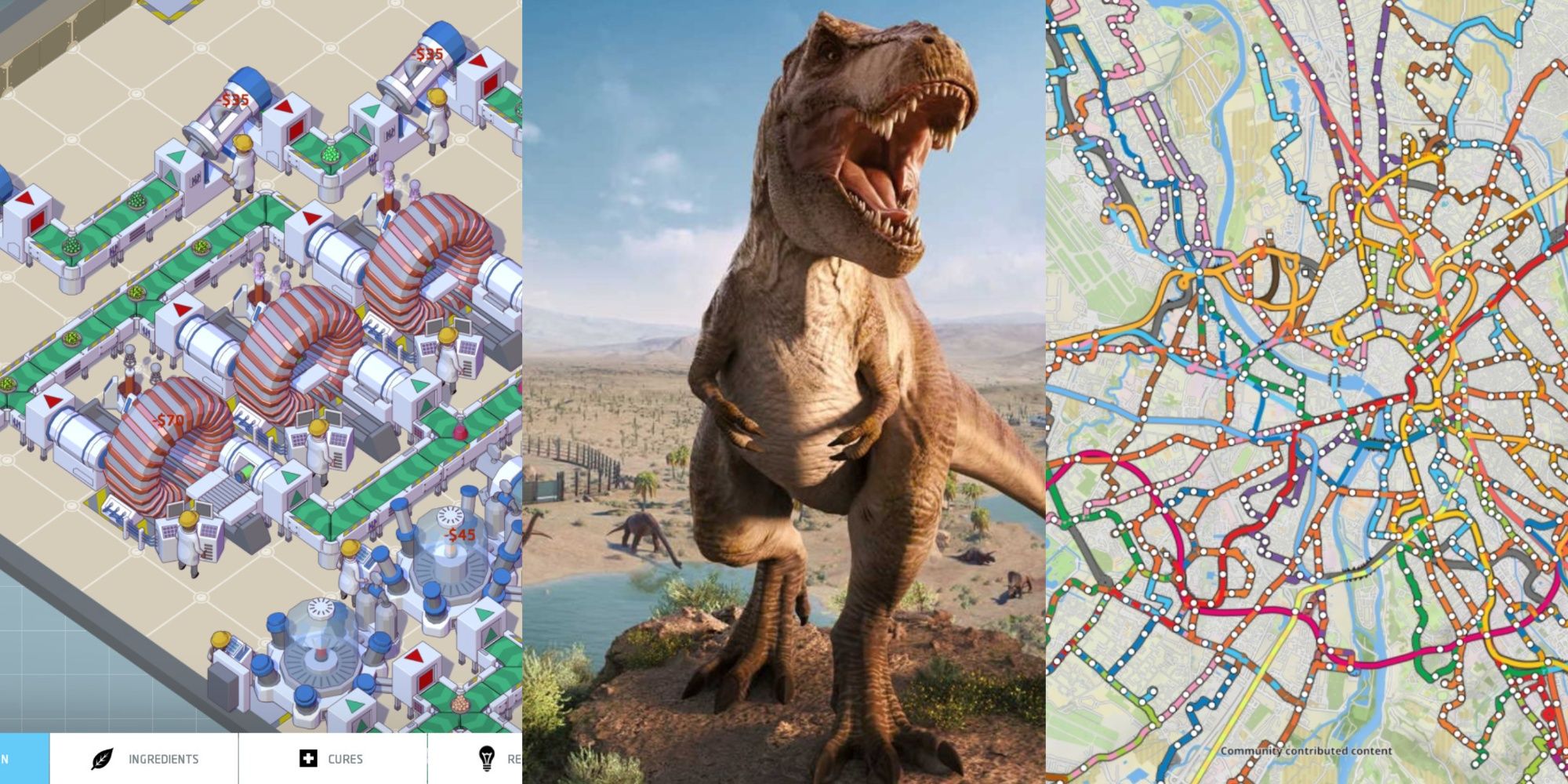 A trisplit of the factory in Big Pharma, a T Rex from Jurassic World Evolution 2 and the map in NIMBY Rails