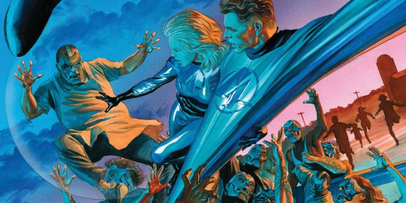 Reed Richards and Sue Storm pushing away Doom henchmen