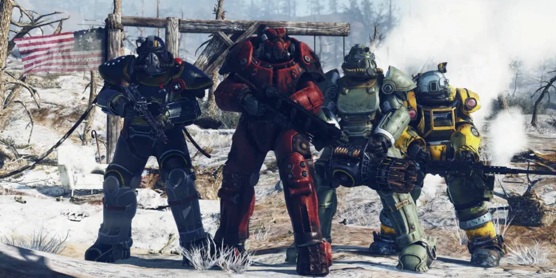 A group of characters wearing power armor in Fallout 76