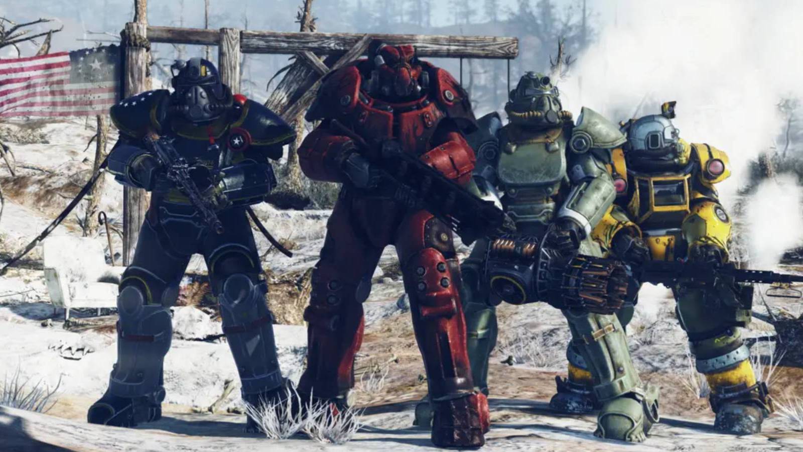A group of characters wearing power armor in Fallout 76