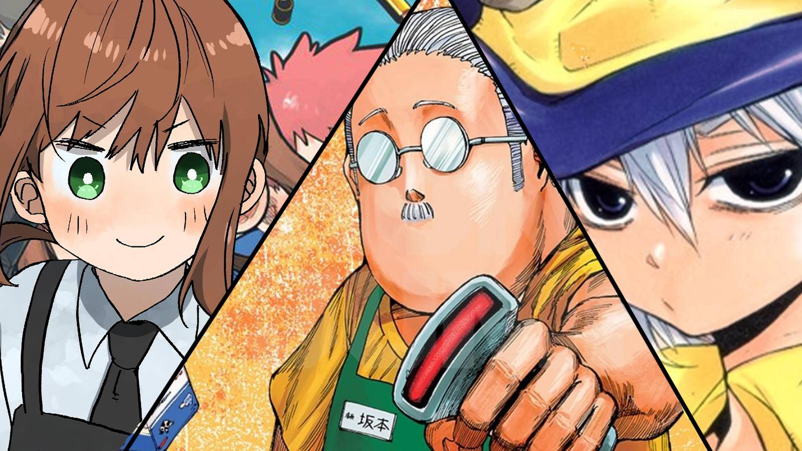 Split image Kindergarten Wars character smiling, Magico character holding scanner, and Sakamoto Days character close-up