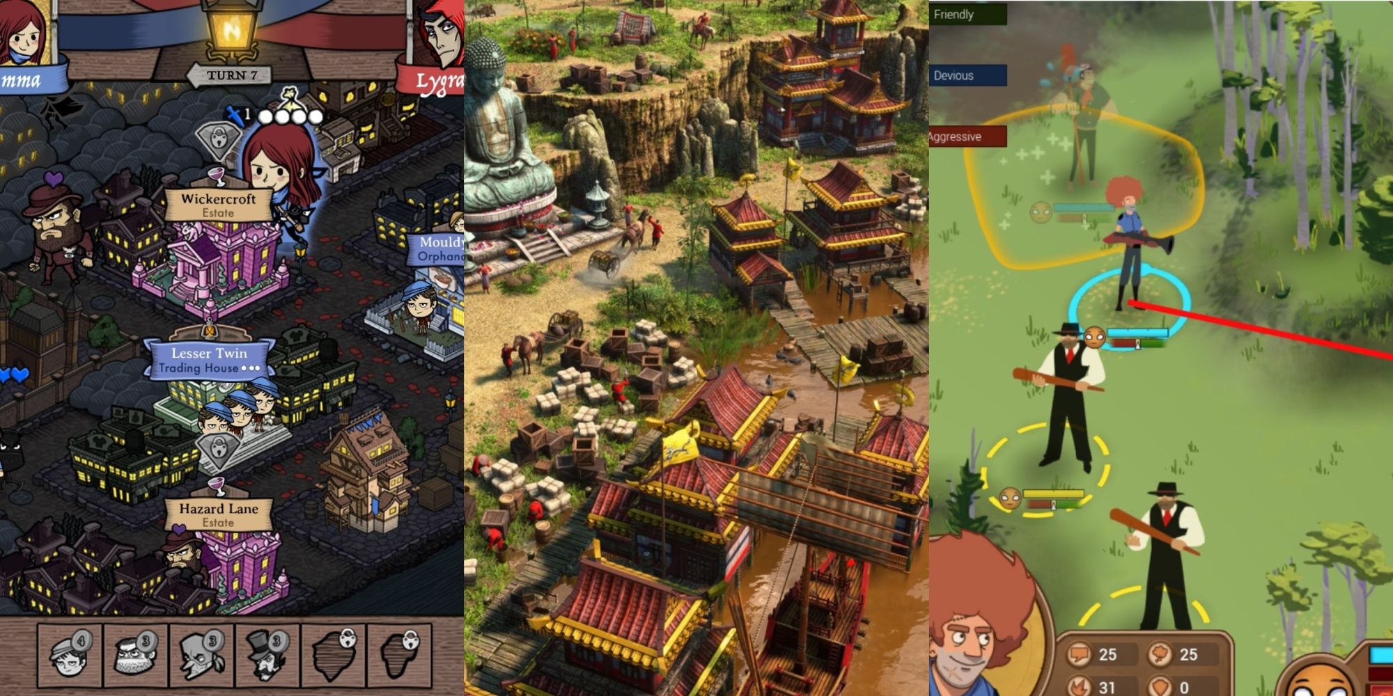 A trisplit of the city from Antihero, a city from Age Of Empires 3 and some characters from Renowned Explorers: International Society