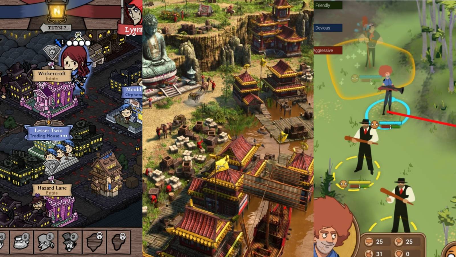 A trisplit of the city from Antihero, a city from Age Of Empires 3 and some characters from Renowned Explorers: International Society