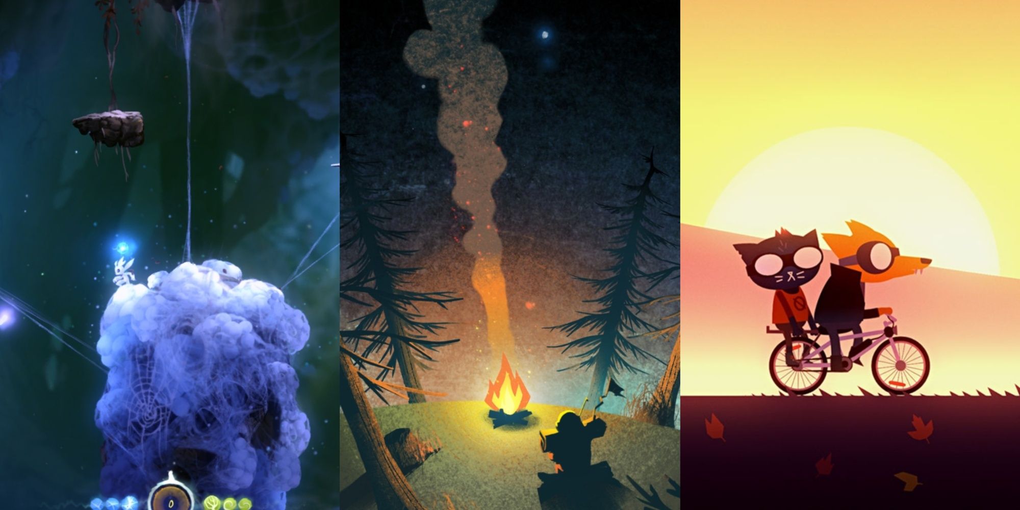 A trisplit of Ori on a white platform in Ori And The Blind Forest, a character from Outer Wilds in front of a fire, and Mae and Gregg on a bike in Night in the Woods