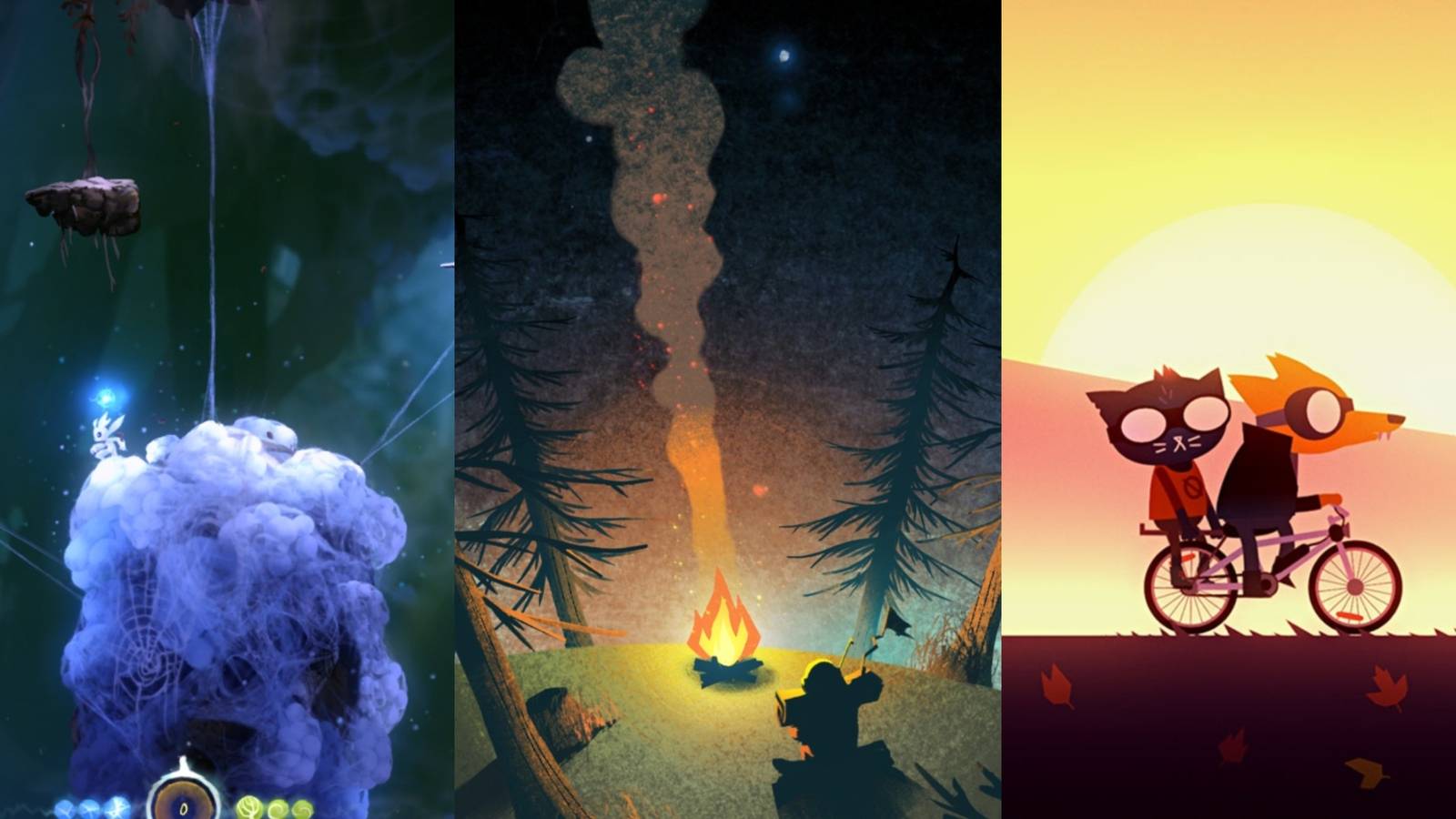 A trisplit of Ori on a white platform in Ori And The Blind Forest, a character from Outer Wilds in front of a fire, and Mae and Gregg on a bike in Night in the Woods