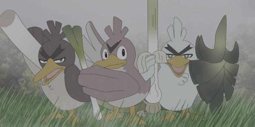 Galarian Farfetch'd, Farfetch'd, and Sirfetch'd posing in a foggy field
