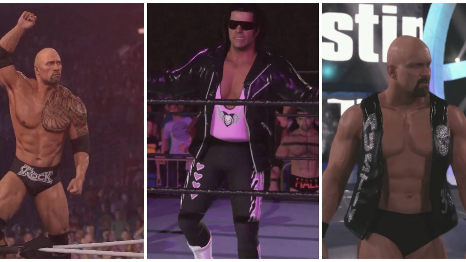 The Rock, Bret Hart, and Stone Cold Steve Austin
