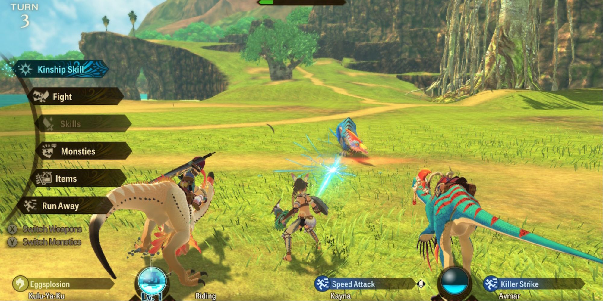 Fighting a battle in Monster Hunter Stories 2