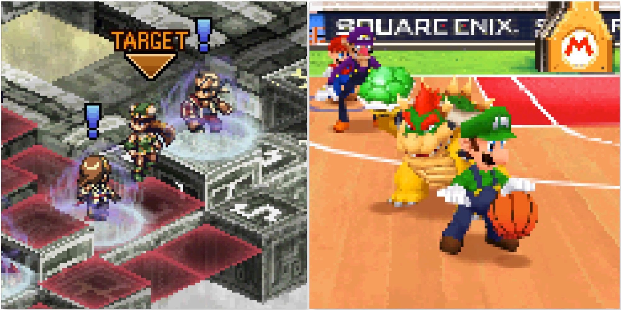 Fighting a battle in Valkyrie Profile Covenant Of The Plume and Playing a match in Mario Hoops 3-on-3