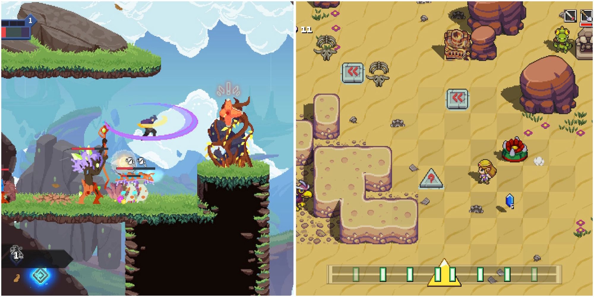 Fighting enemies in Astral Ascent and exploring a level in Cadence Of Hyrule