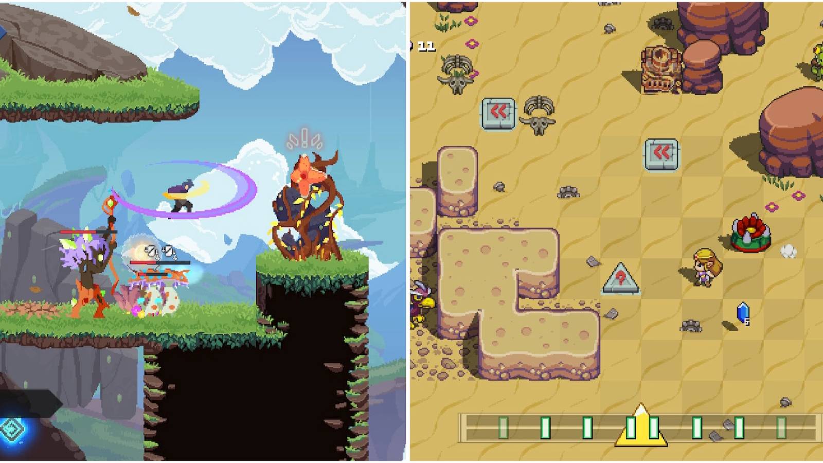 Fighting enemies in Astral Ascent and exploring a level in Cadence Of Hyrule