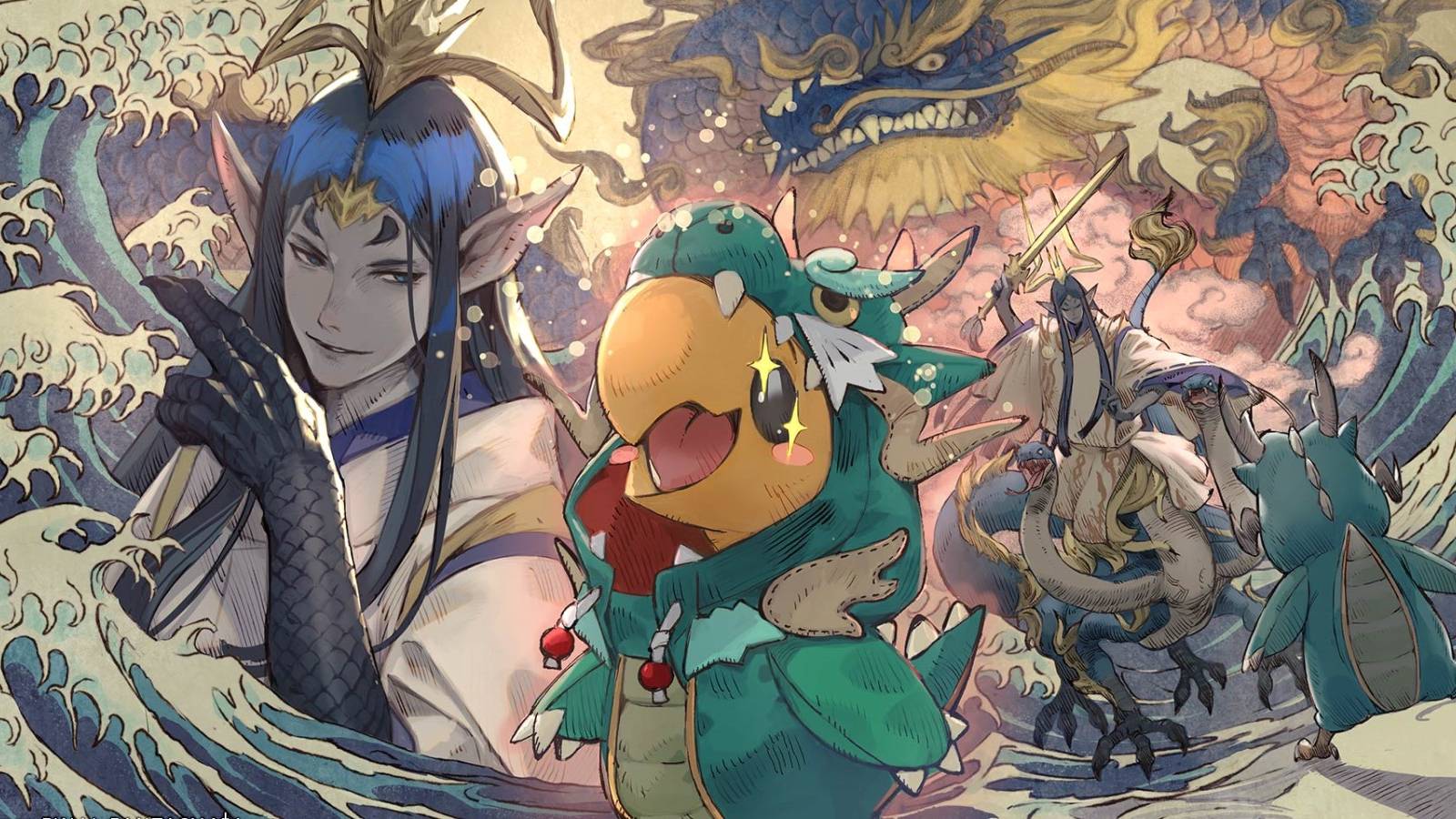 seiryu the final fantasy 14 dragon with a chocobo wearing a dragon costume