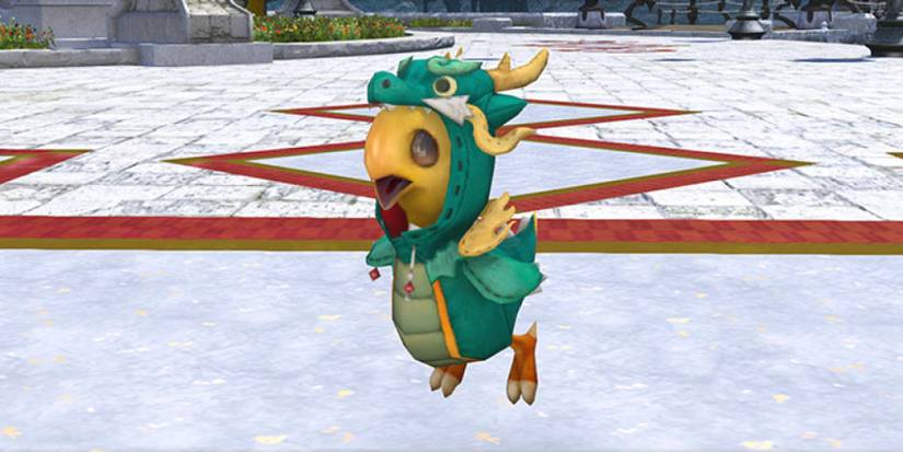 a baby chocobo wearing a dragon costume in final fantasy 14