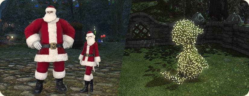 male roegadyn and female au ra in santa outfits next to a shrub shaped like a baby chocobo with christmas lights in it