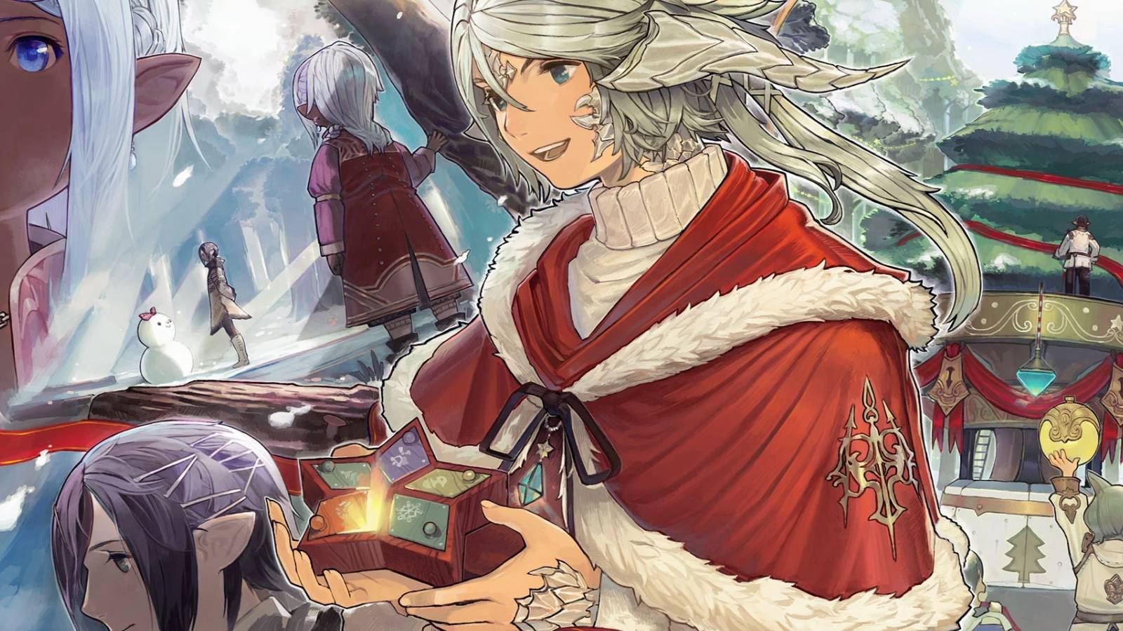 ffxiv au ra christmas event art from 2020 holding a gift