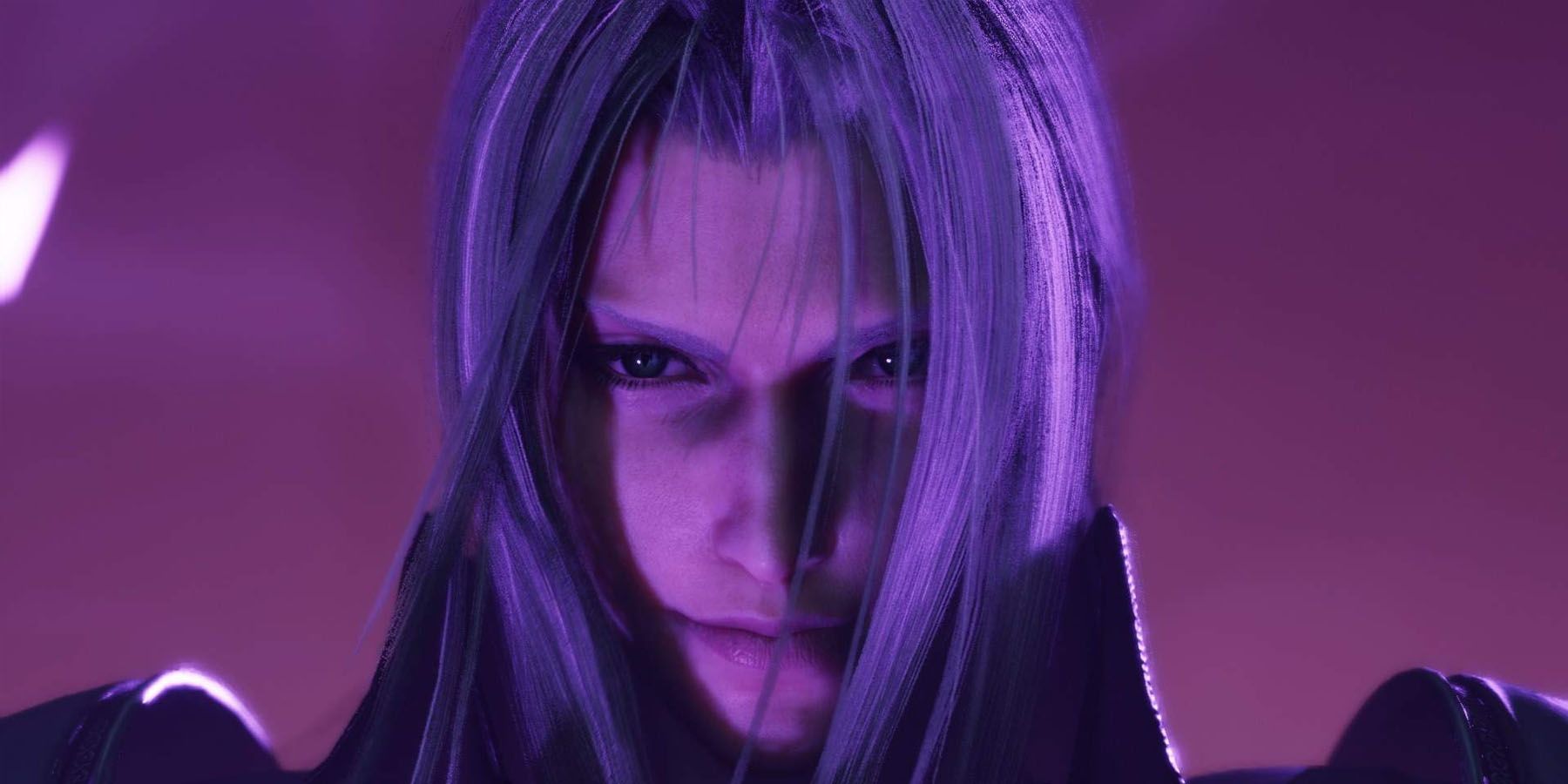 A close up of Sephiroth bathed in purple light in Final Fantasy 7 Rebirth.