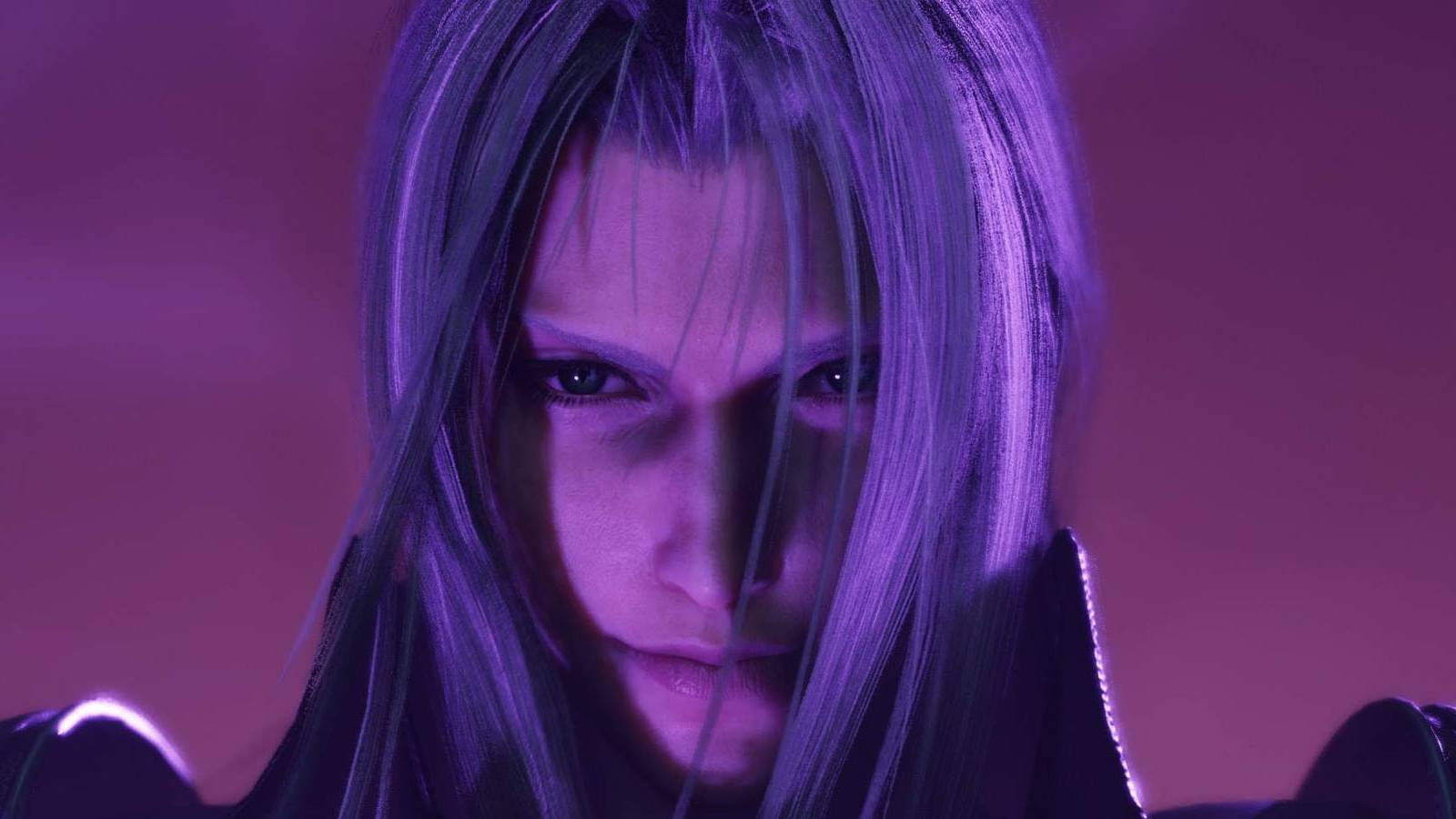 A close up of Sephiroth bathed in purple light in Final Fantasy 7 Rebirth.