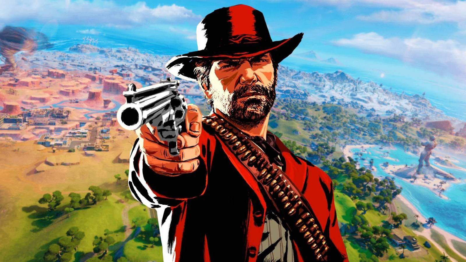 Arthur Morgan from Red Dead Redemption 2 over the island from Fortnite
