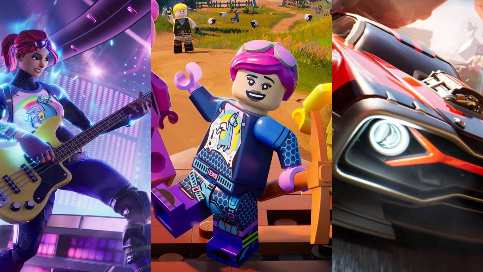 Art from Fortnite Festival, LEGO Fortnite, and Rocket Racing
