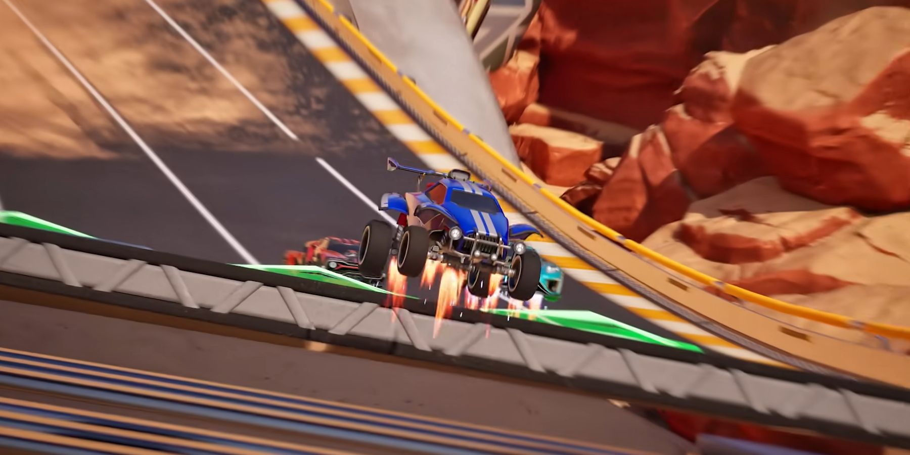 a blue car jumping off of a ramp in fortnite rocket racing's launch trailer