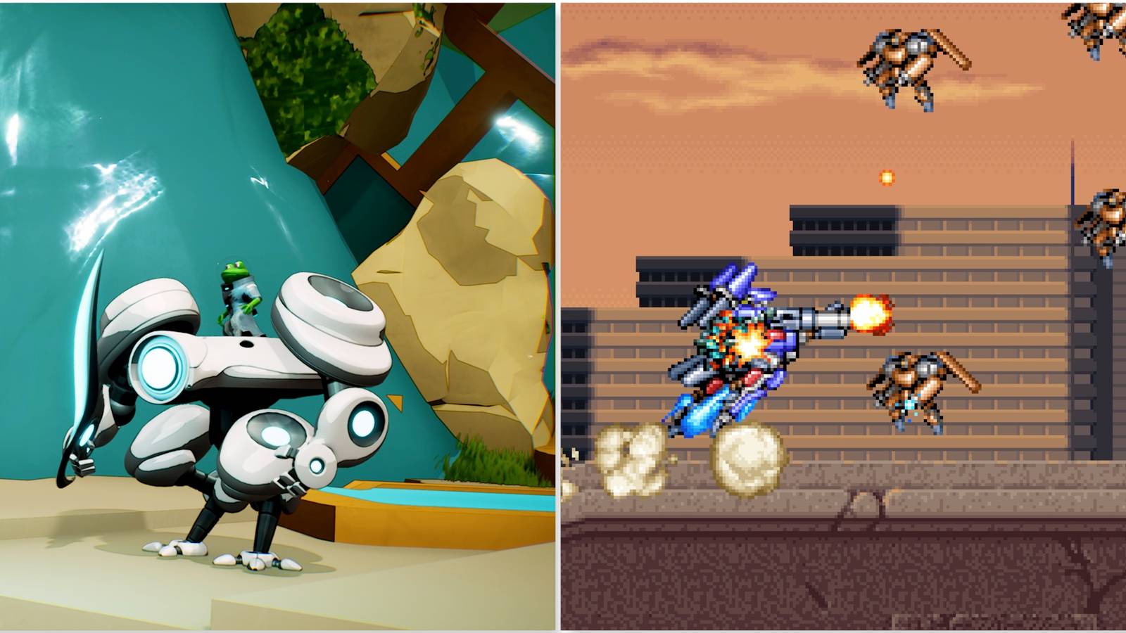 Frog and his mech in Shoulders Of Giants and Fighting enemies in Rohga Armor Force