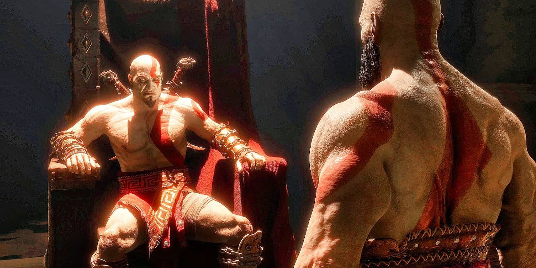 A screenshot of old Kratos facing his younger self at the end of God of War Ragnarok Valhalla.