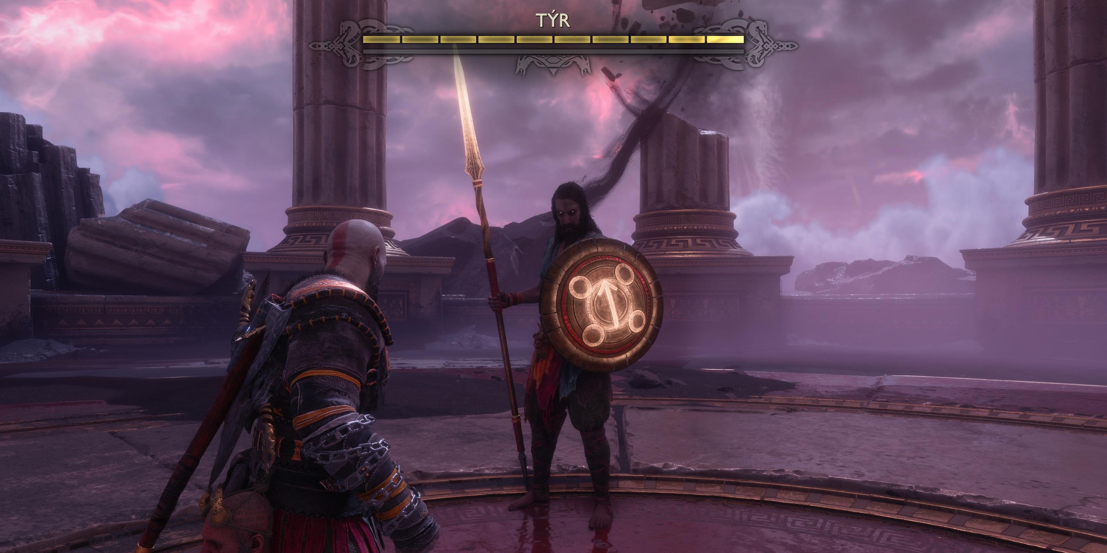 kratos vs tyr who is using a spear and shield