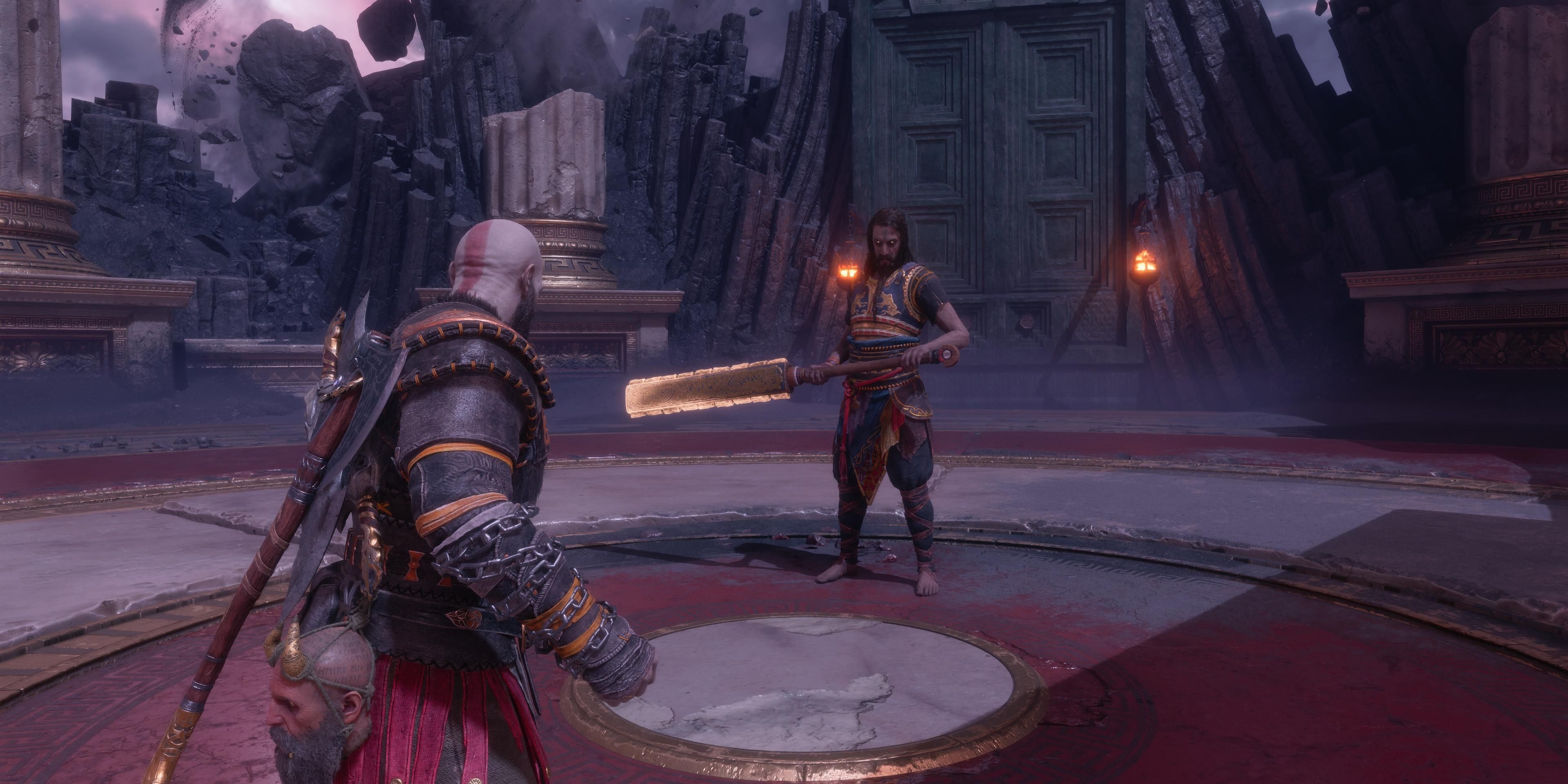 kratos fighting tyr who is wielding a two-handed club