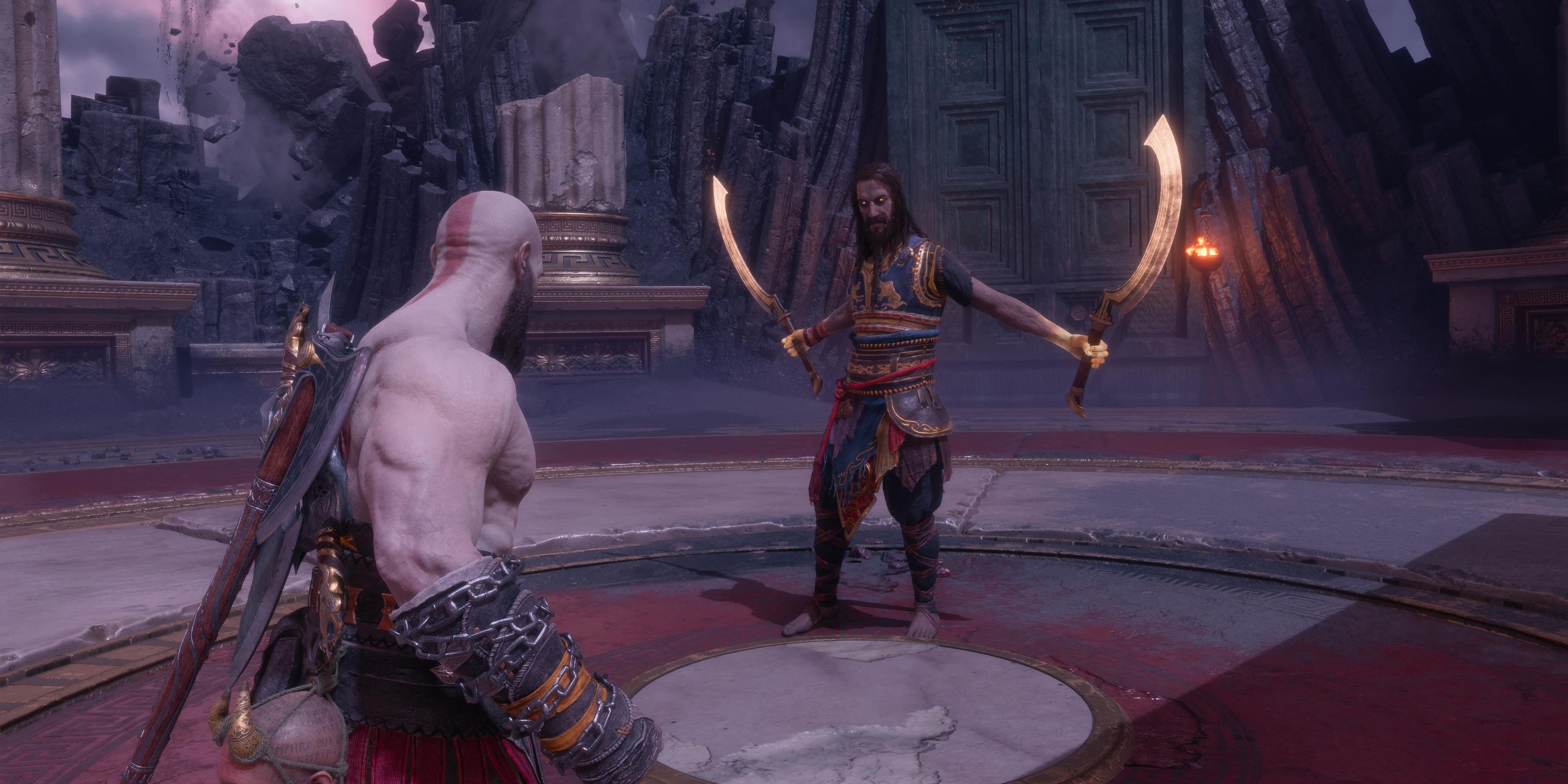 kratos fighting tyr who is dual-wielding khopeshes 