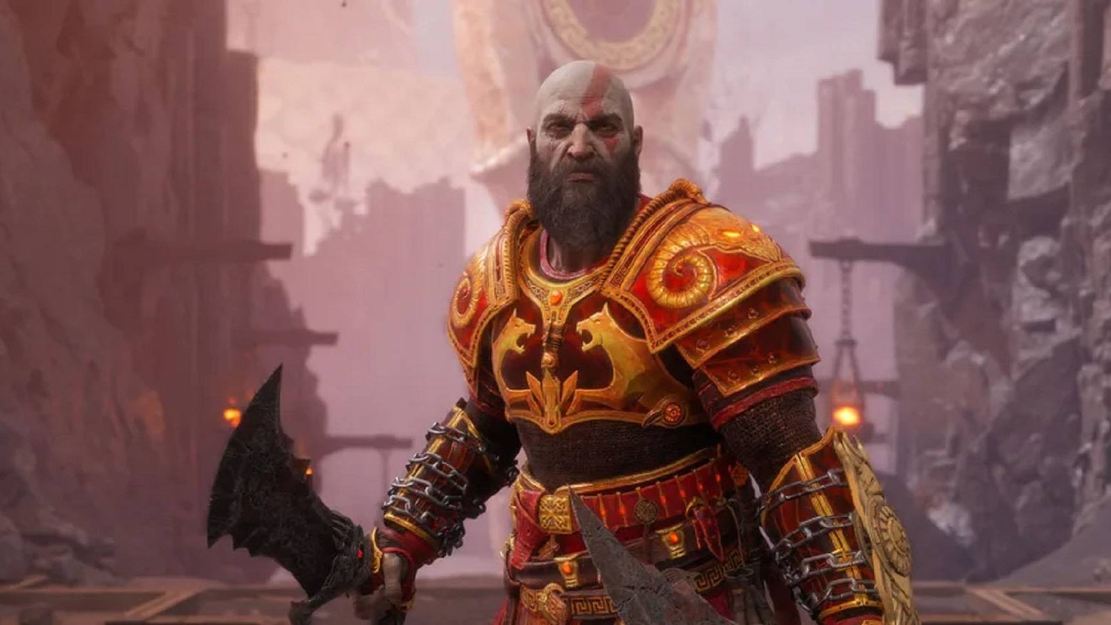 A screenshot of Kratos dressed in red armor with the Chains of Chaos in his hands in God of War Ragnarok.